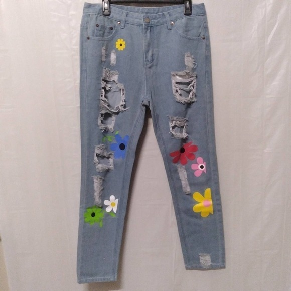Fashion Jeans Ripped Hole Jeans blue Denim Tapered Pockets Flower Print - Picture 1 of 7